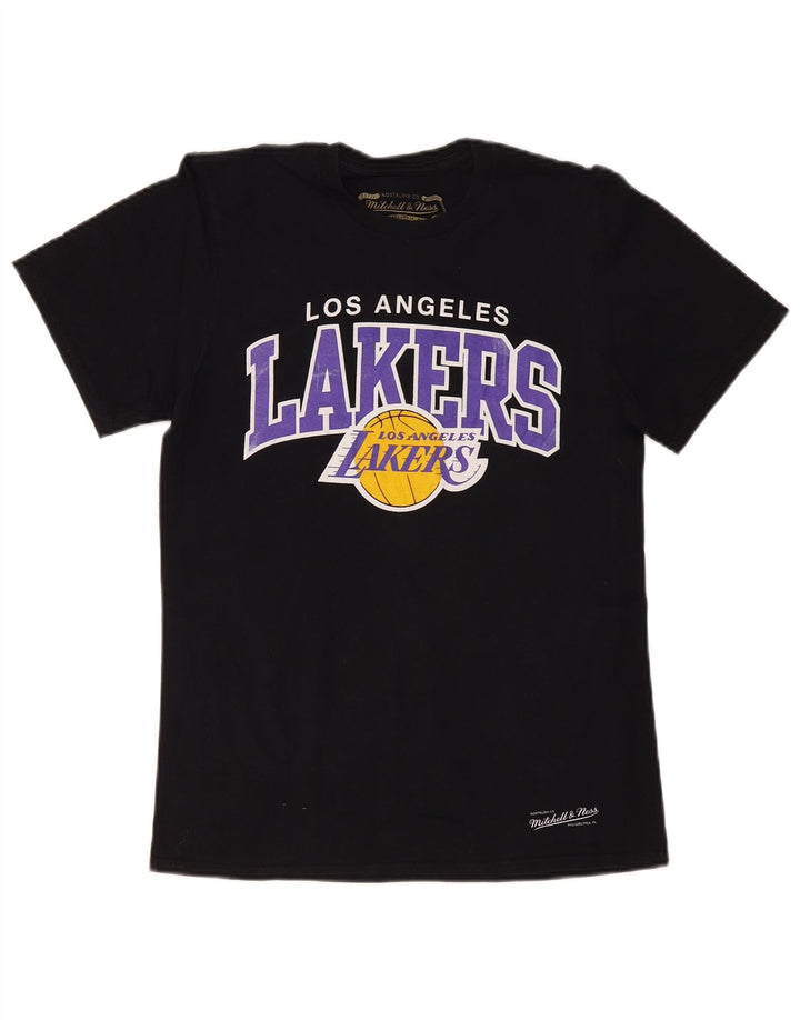 Camiseta masculina MITCHELL & NESS Los Angeles Lakers com estampa gráfica pequena preta