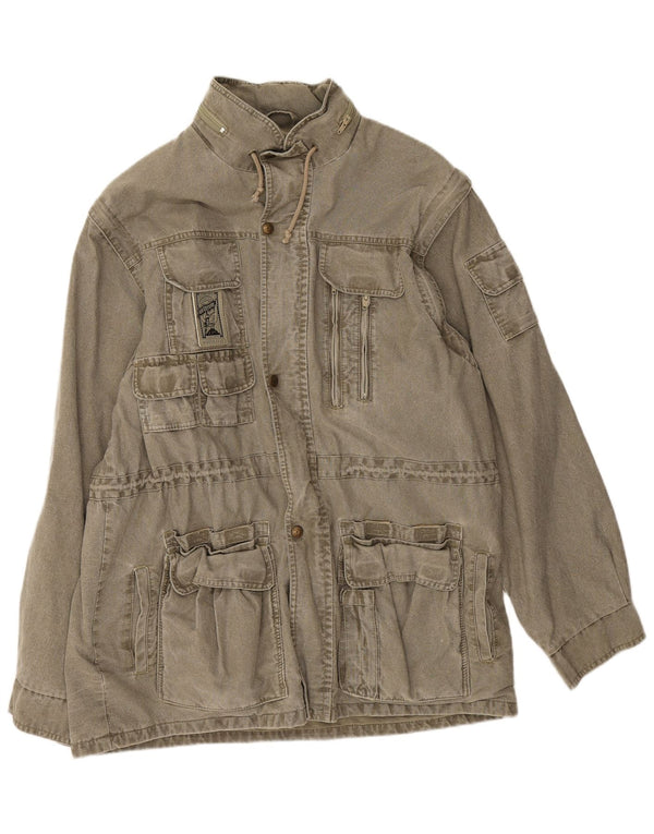 Jaqueta utilitária masculina vintage com capuz Reino Unido 44 2XL algodão cáqui