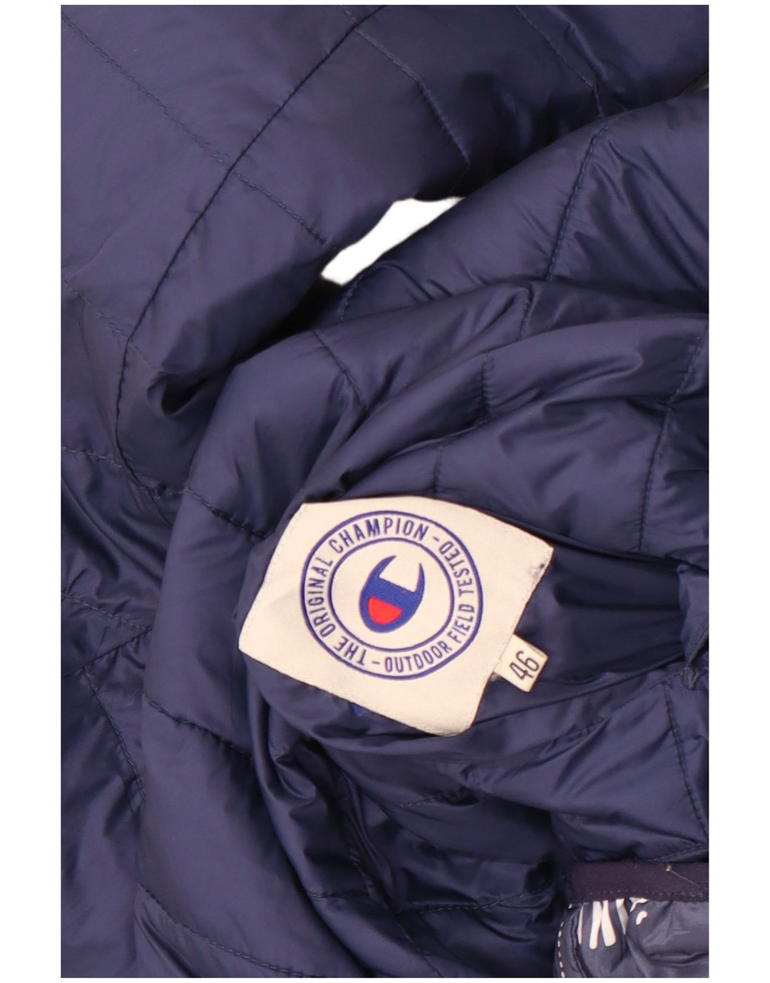 Jaqueta feminina acolchoada com capuz Champion IT 46 grande patchwork azul marinho