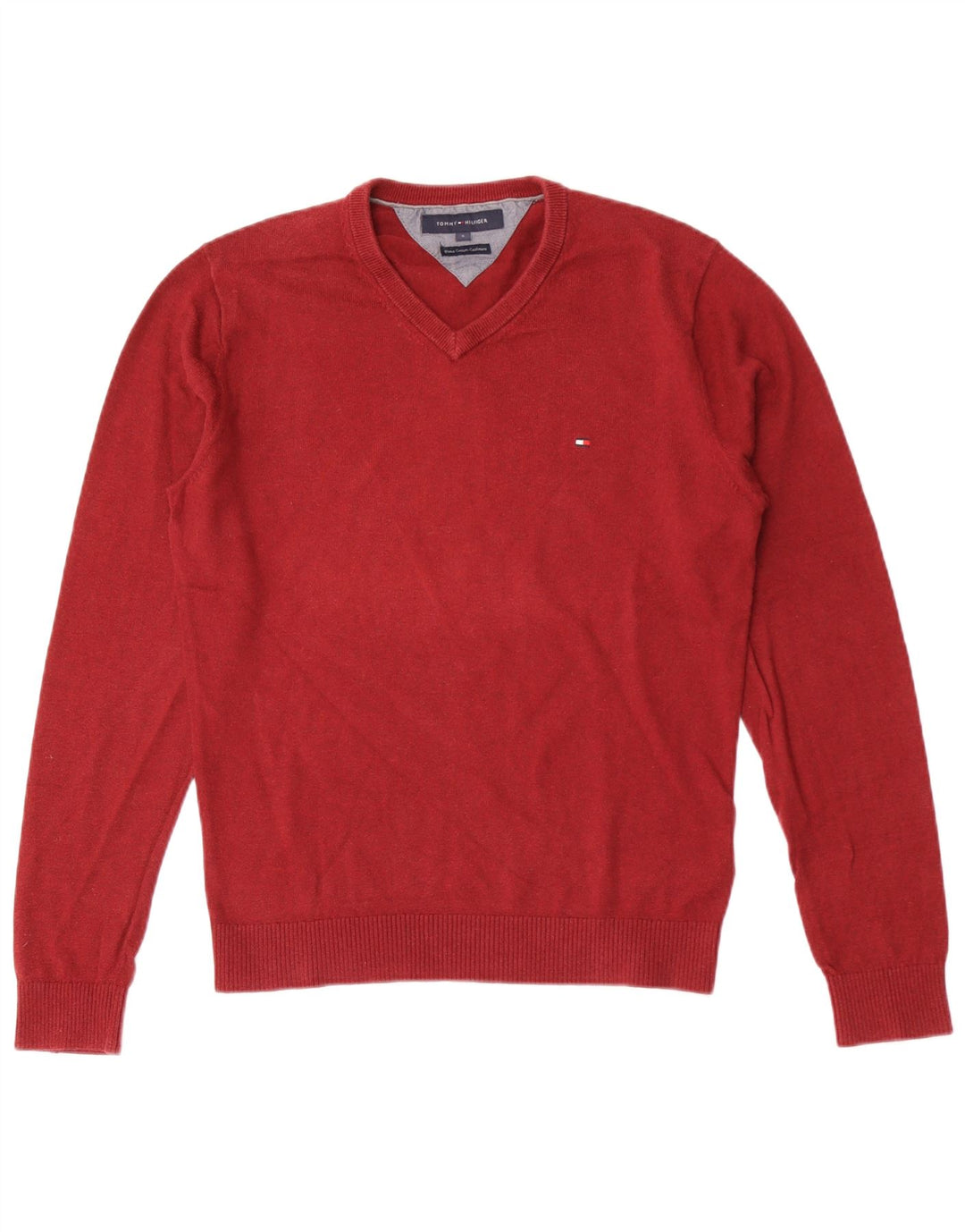 Suéter masculino Tommy Hilfiger com decote em V pequeno algodão vermelho
