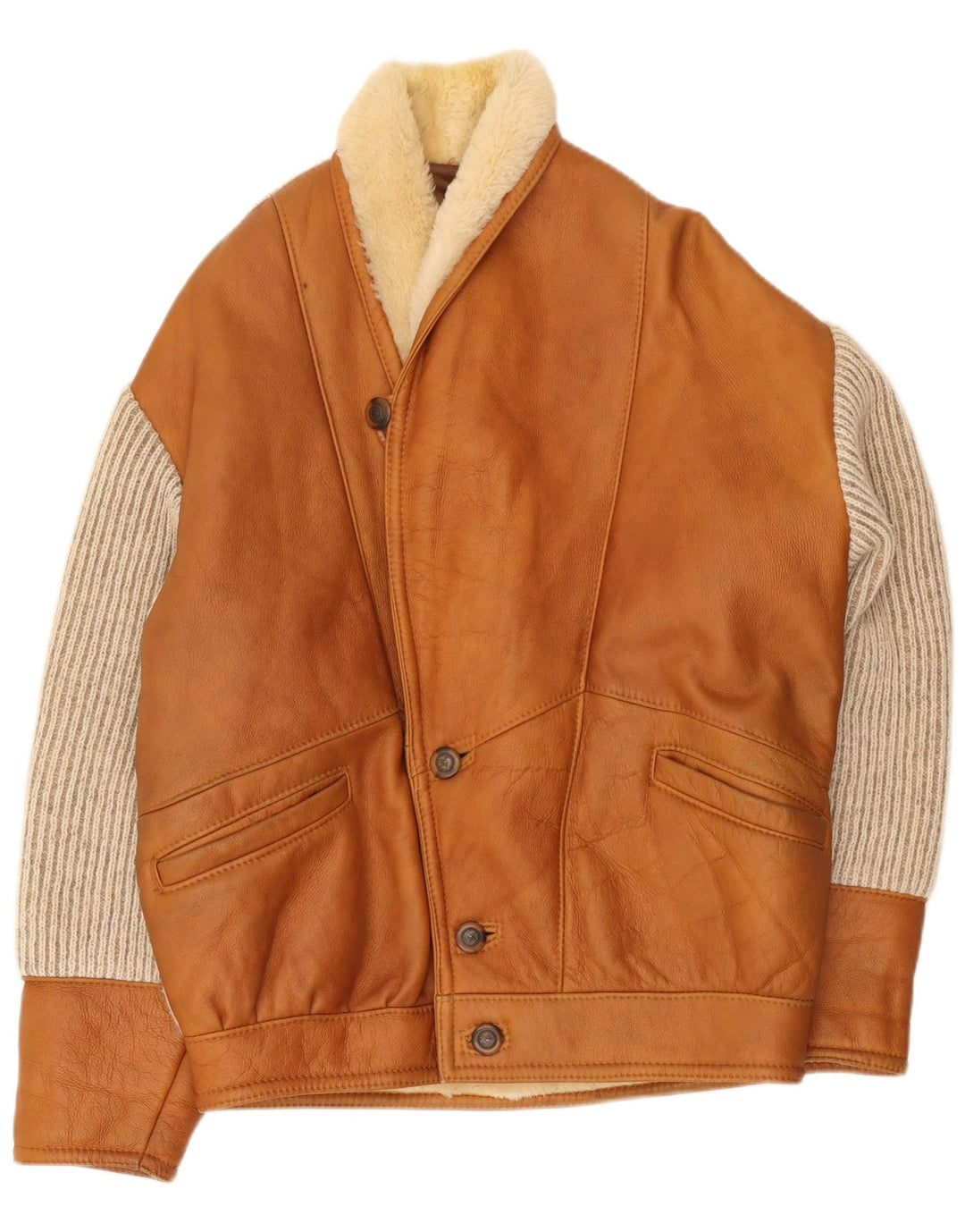 Jaqueta masculina vintage de shearling IT 50 grande bloco colorido marrom