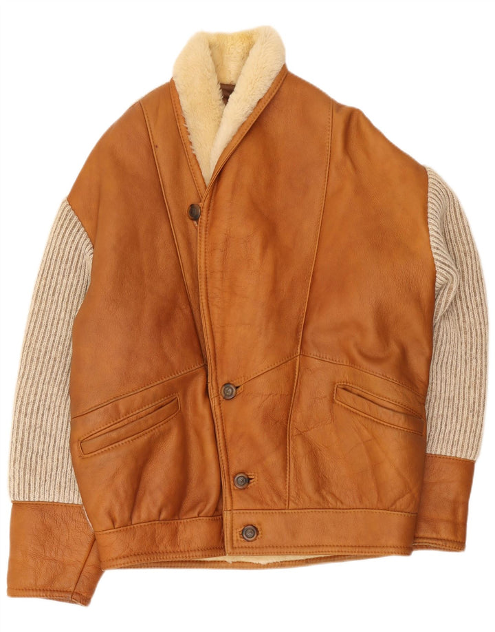 Jaqueta masculina vintage de shearling IT 50 grande bloco colorido marrom