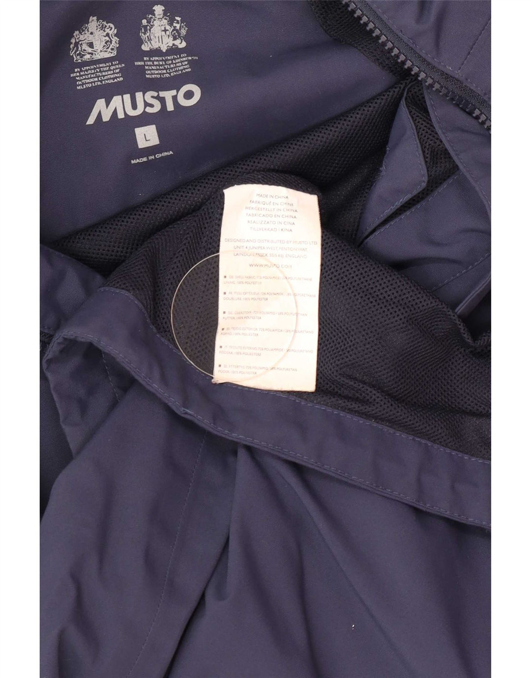 Jaqueta de chuva masculina Musto com capuz Reino Unido 40 grande poliéster azul marinho