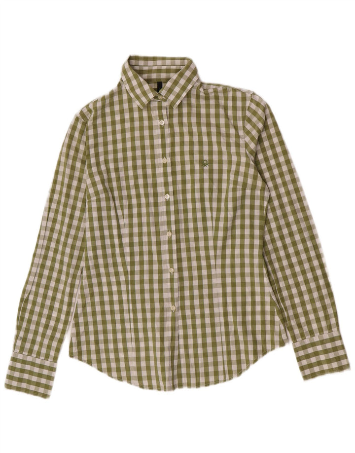 Camisa feminina Benetton UK 10 pequena algodão guingão verde