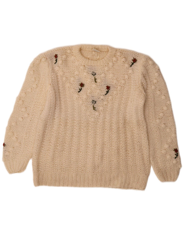 Suéter feminino vintage com gola redonda UK 14 médio off white floral