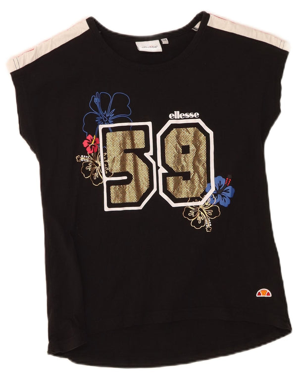 Ellesse Camiseta feminina gráfica top 13-14 anos preto colorblock algodão
