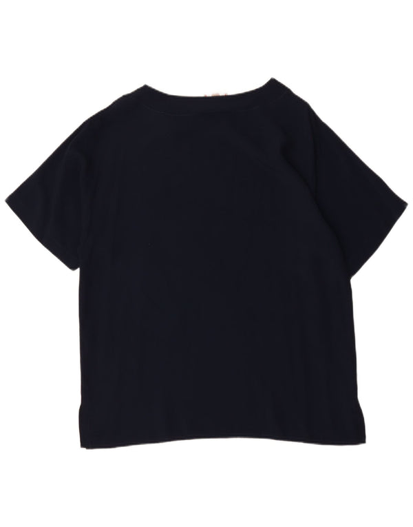 Blusa feminina vintage com estampa gráfica UK 16 grande algodão azul marinho