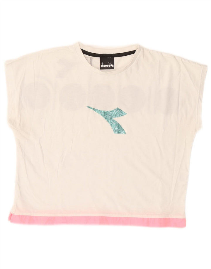 Diadora Womens Crop Graphic T-Shirt Top UK 12 Médio Branco