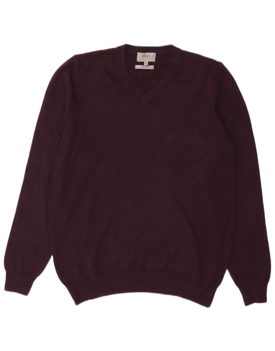 Suéter masculino Marks & Spencer com decote em V de algodão roxo médio