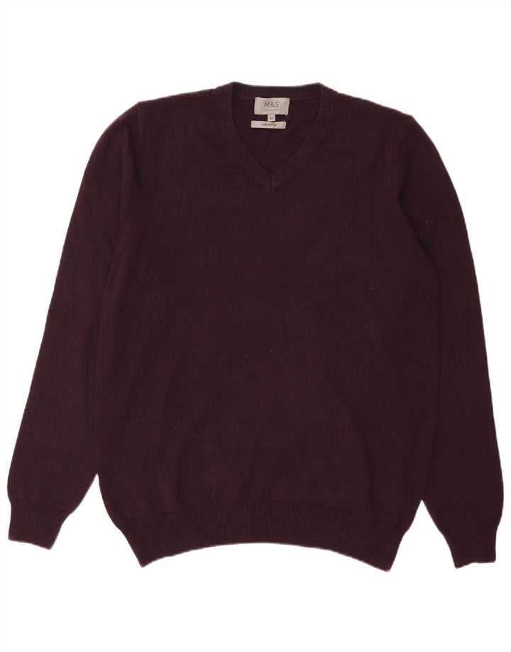 Suéter masculino Marks & Spencer com decote em V de algodão roxo médio