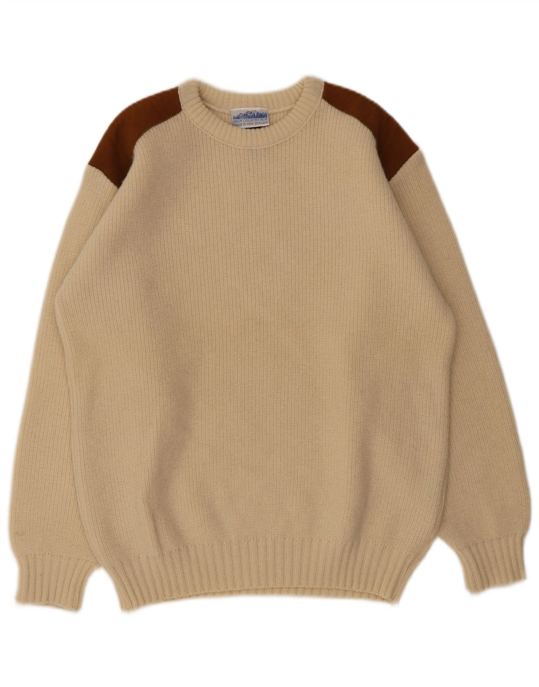 Suéter vintage masculino com gola redonda, lã colorblock bege médio