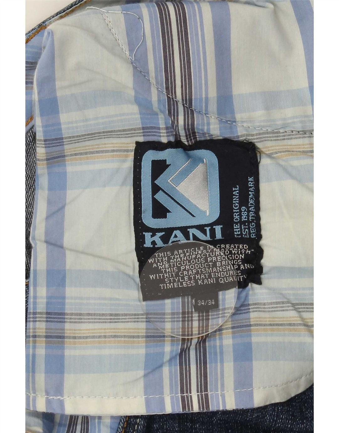 Karl Kani Calça jeans reta masculina desgastada W34 L34 azul xadrez algodão