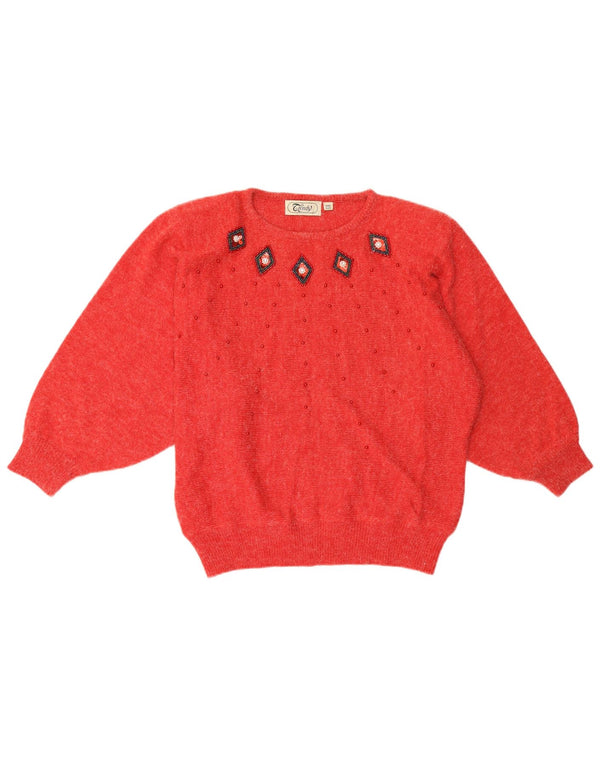 Suéter feminino vintage com gola redonda, tamanho único, acrílico vermelho