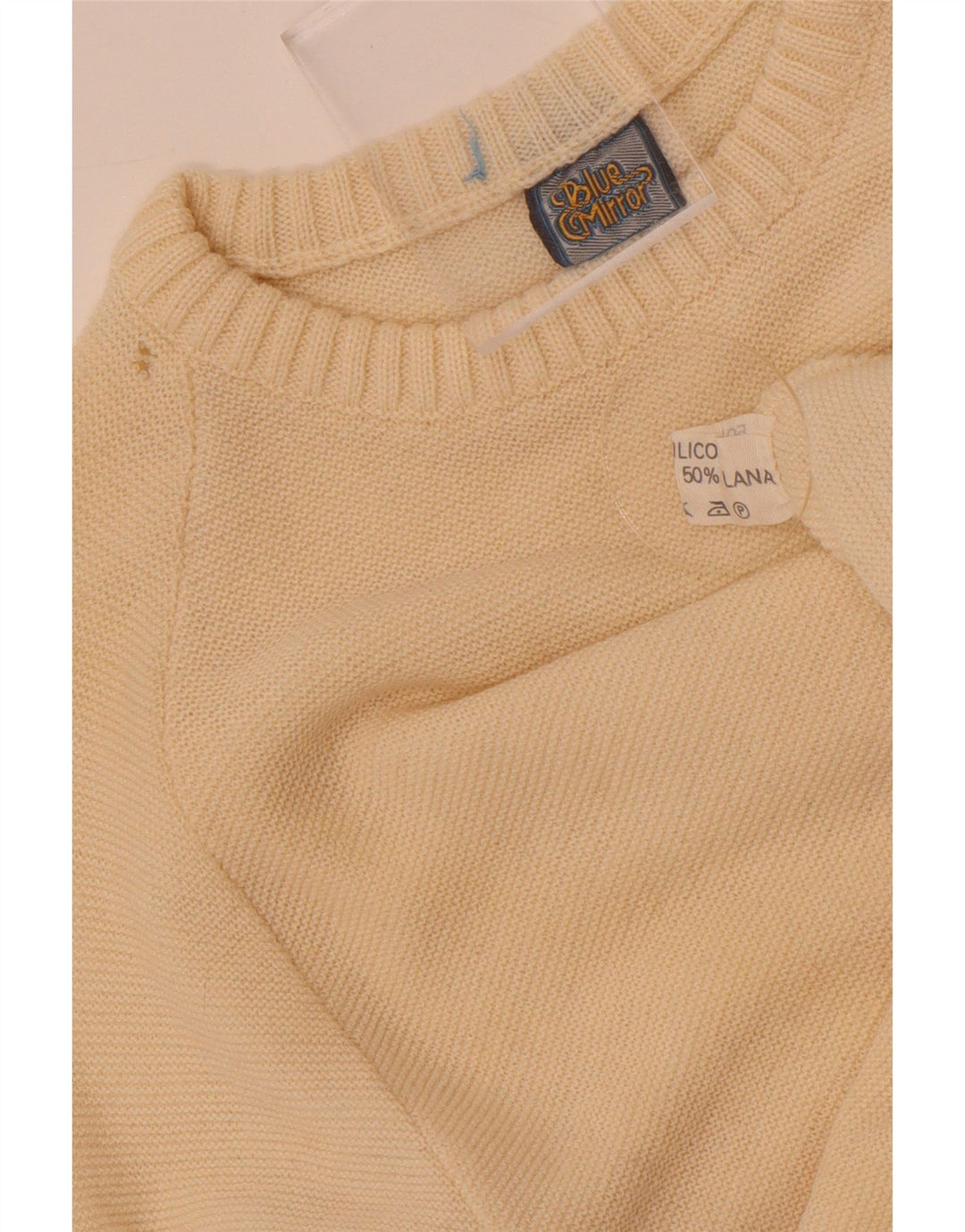 Suéter vintage masculino com gola redonda, pequeno, branco, em lã colorblock