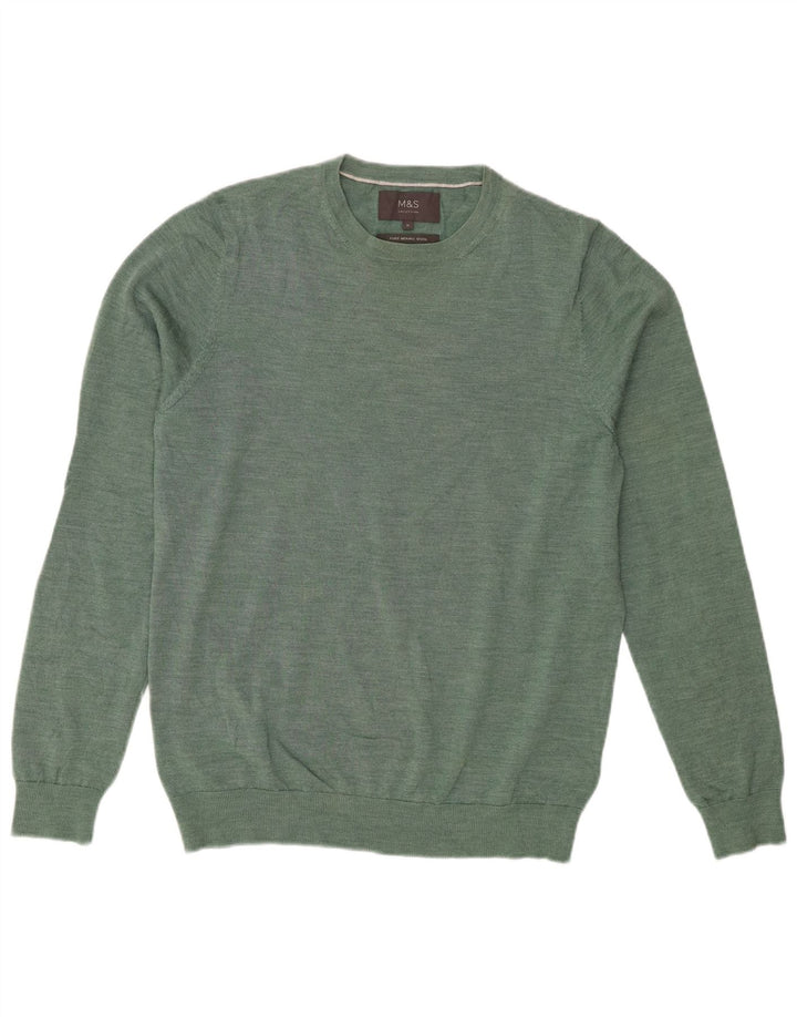 Suéter masculino Marks & Spencer com gola redonda, lã merino verde médio