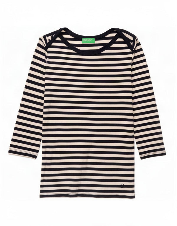 Top feminino Benetton manga 3/4 Reino Unido 12 algodão listrado azul marinho médio