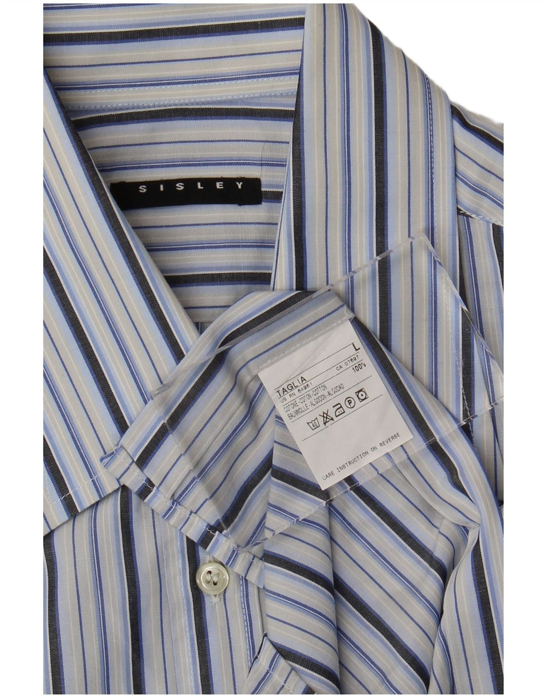 Sisley Camisa masculina de manga curta grande algodão listrado azul