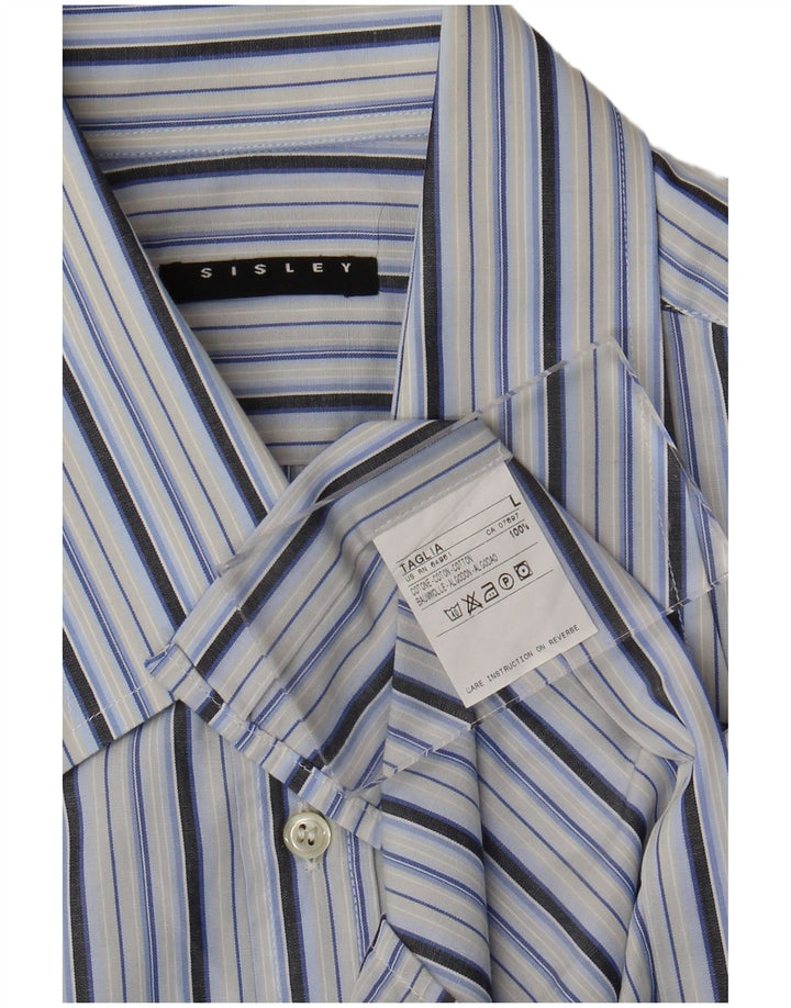 Sisley Camisa masculina de manga curta grande algodão listrado azul