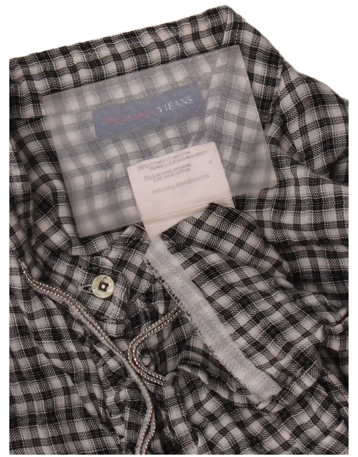 Trussardi Jeans Camisa feminina com babados na frente Reino Unido 14 grande algodão xadrez preto