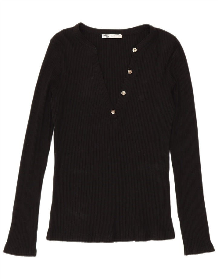 Top feminino Zara manga comprida UK 12 médio preto modal
