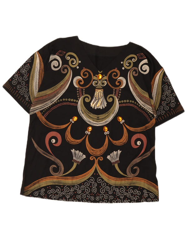 Camiseta feminina vintage com padrão abstrato gráfico top UK 16 grande preta