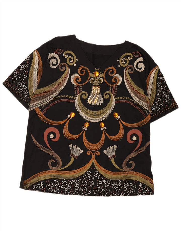 Camiseta feminina vintage com padrão abstrato gráfico top UK 16 grande preta