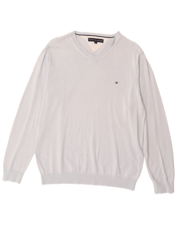 Suéter masculino TOMMY HILFIGER com decote em V de algodão azul médio