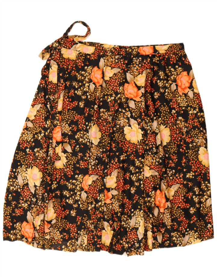 Saia vintage feminina linha A W34 grande poliéster floral preto