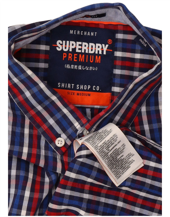 Camisa masculina SUPERDRY de manga curta com ajuste regular, algodão xadrez azul médio