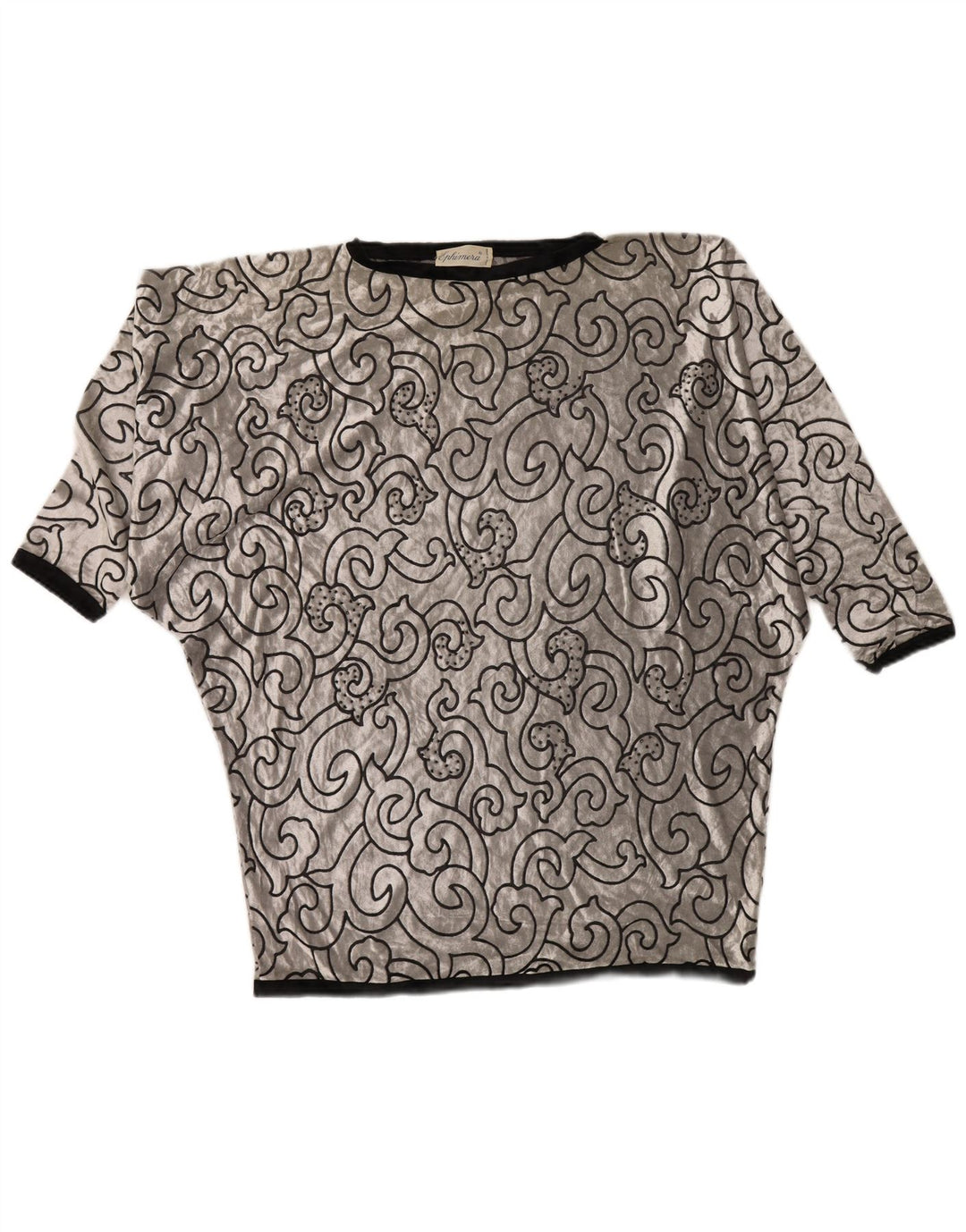 Túnica feminina VINTAGE Batwing de veludo UK 22 3XL viscose geométrica prateada