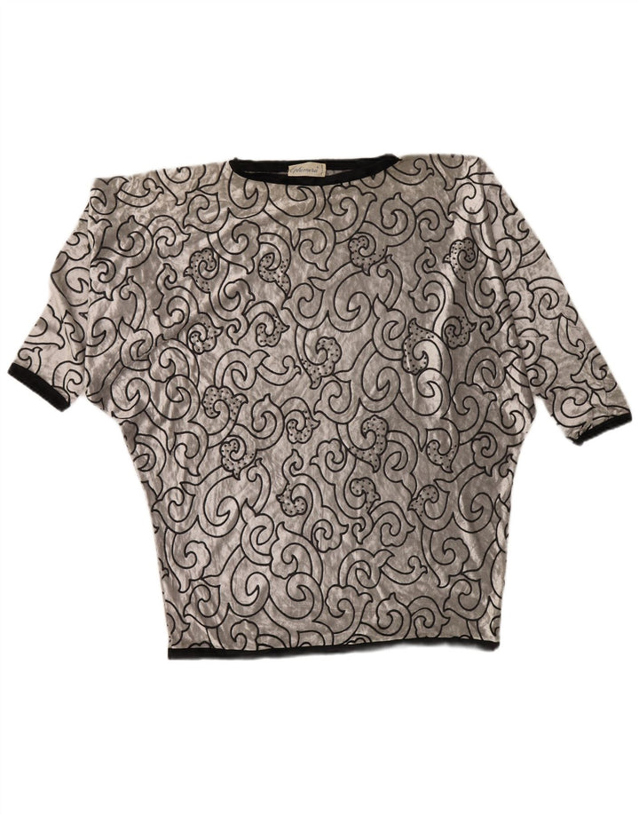 Túnica feminina VINTAGE Batwing de veludo UK 22 3XL viscose geométrica prateada