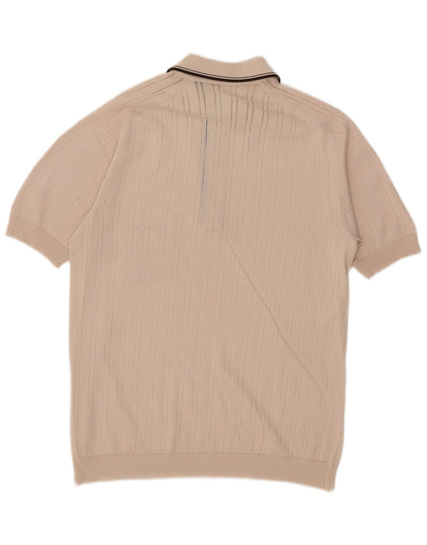 Suéter masculino vintage de manga curta com gola polo e listrado bege médio
