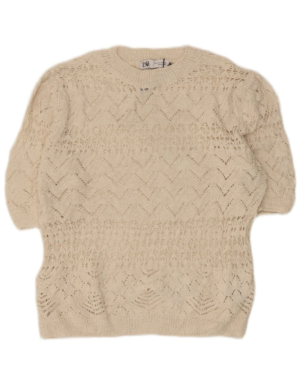 Blusa feminina de crochê Zara Top UK 12 médio off white poliéster