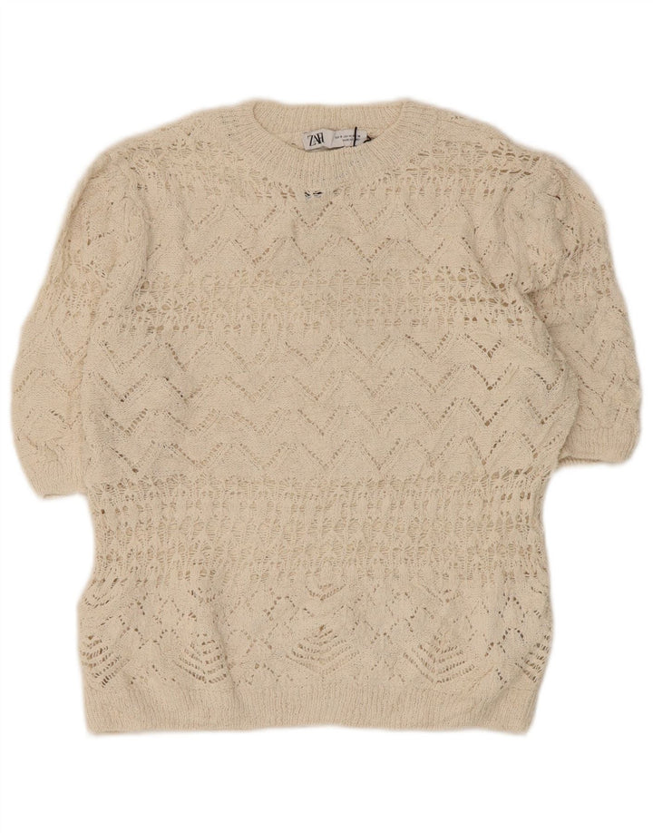Blusa feminina de crochê Zara Top UK 12 médio off white poliéster