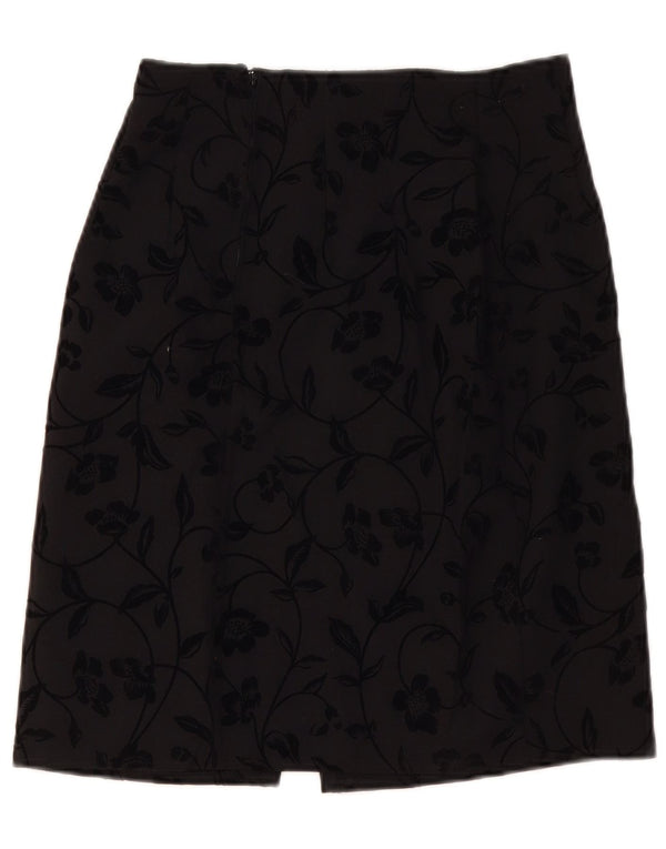 Saia feminina vintage evasê UK 10 pequena W28 poliéster floral preto