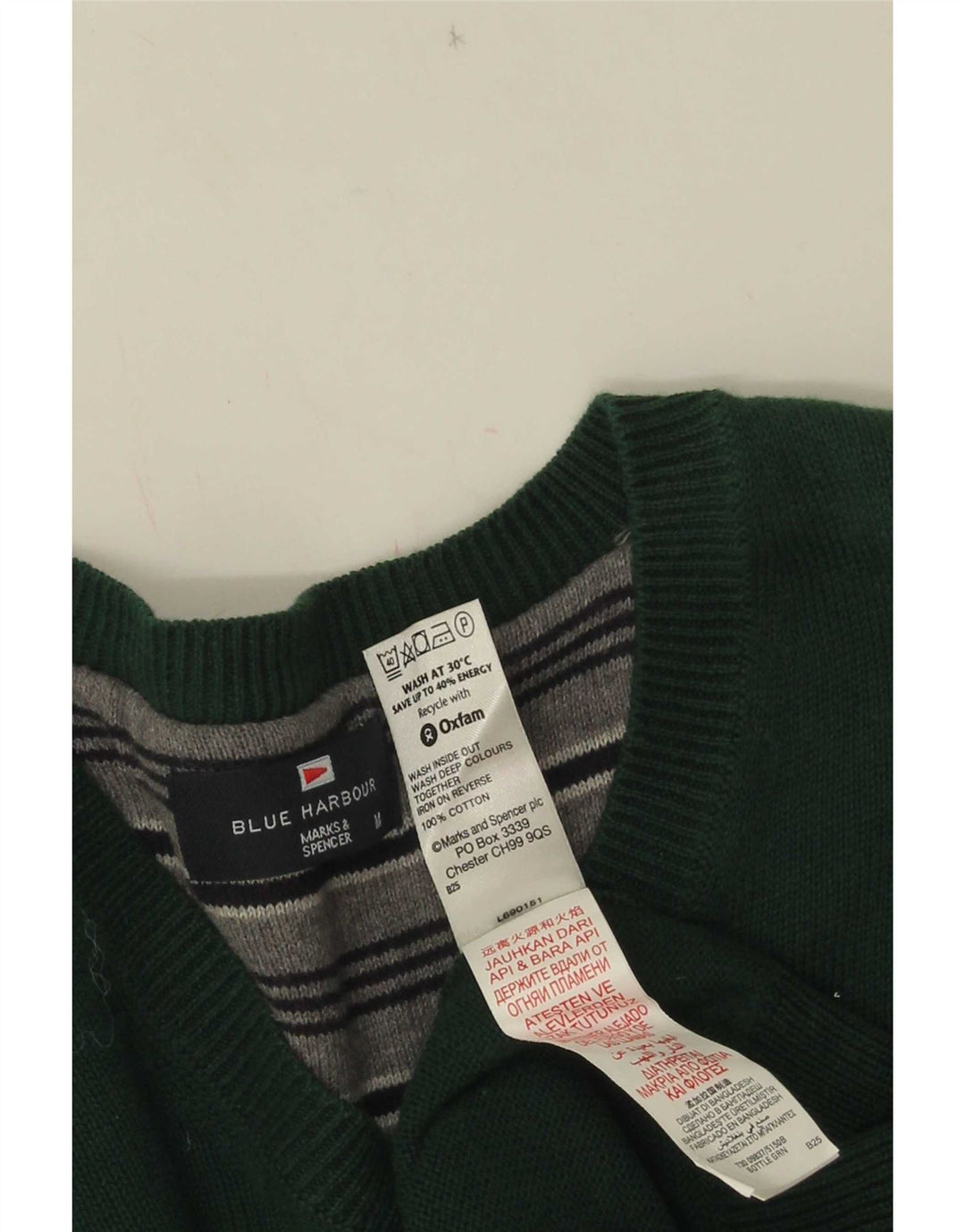 Suéter masculino Marks & Spencer Blue Harbor com decote em V, algodão verde médio