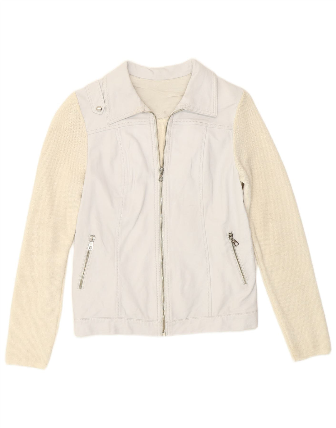 Jaqueta de motociclista feminina vintage Reino Unido 8 pequeno acrílico colorido off white