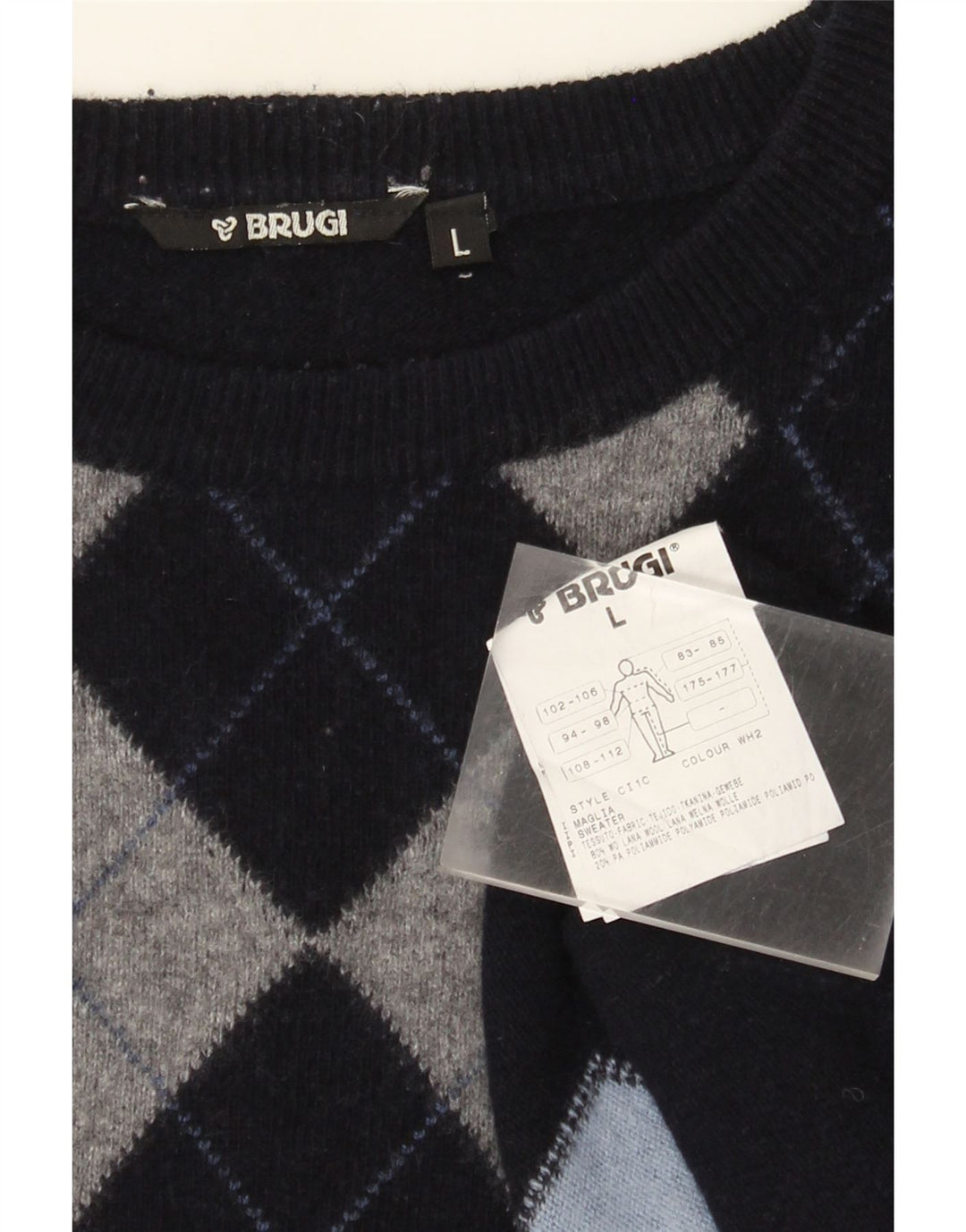 Suéter masculino Brugi com gola redonda, grande azul marinho argyle/lã diamante