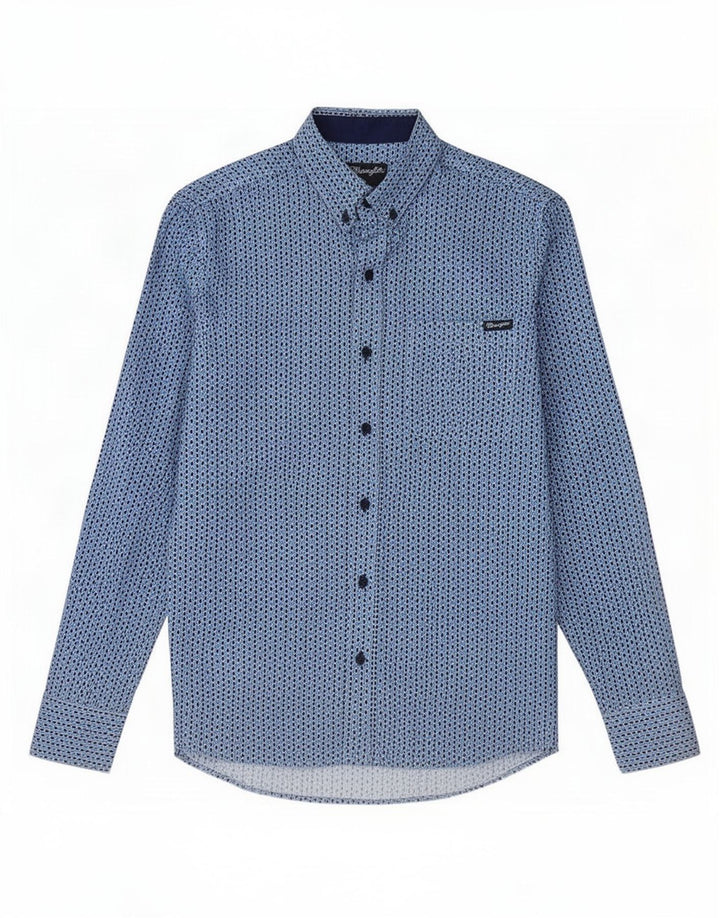 Wrangler Camisa masculina pequena azul geométrica algodão