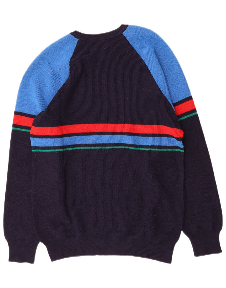 Suéter vintage masculino com gola redonda, bloco colorido médio azul marinho