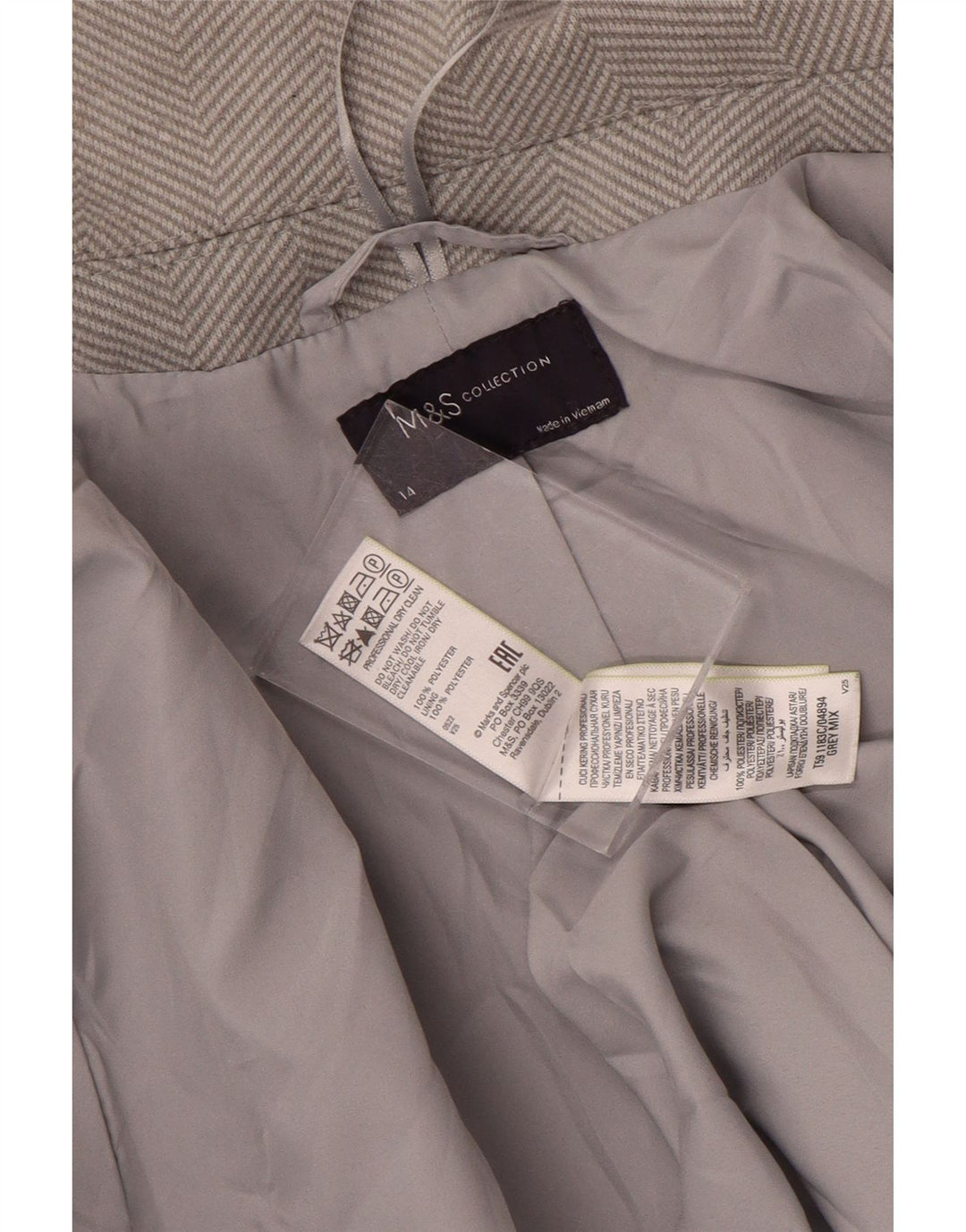 Sobretudo feminino Marks & Spencer Reino Unido 14 grande poliéster espinha de peixe cinza