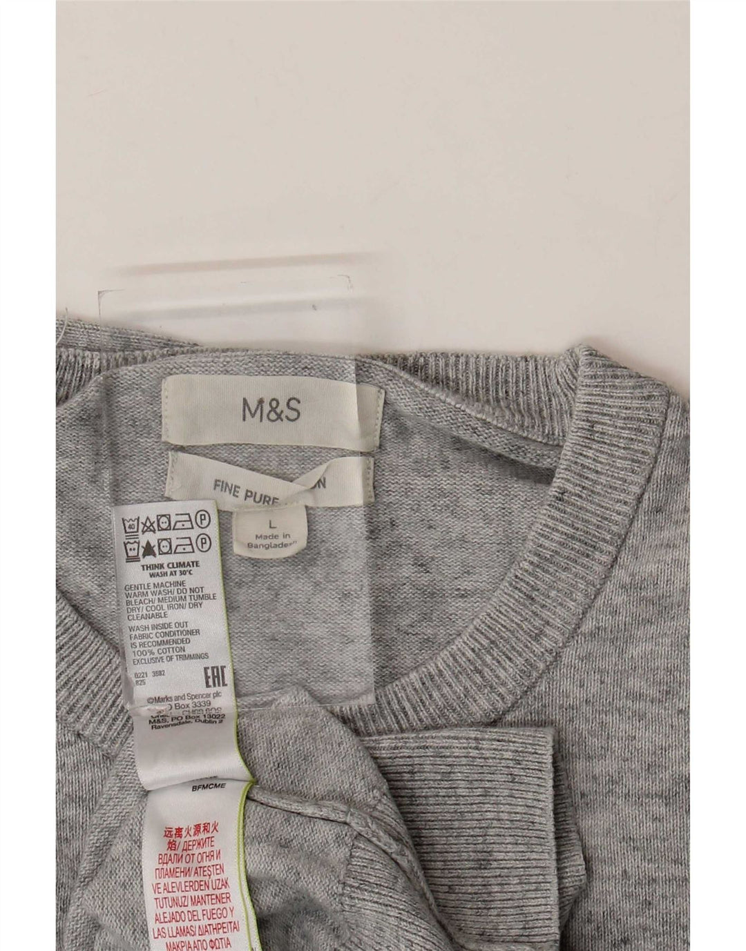 Suéter masculino Marks & Spencer com gola redonda, grande algodão manchado cinza