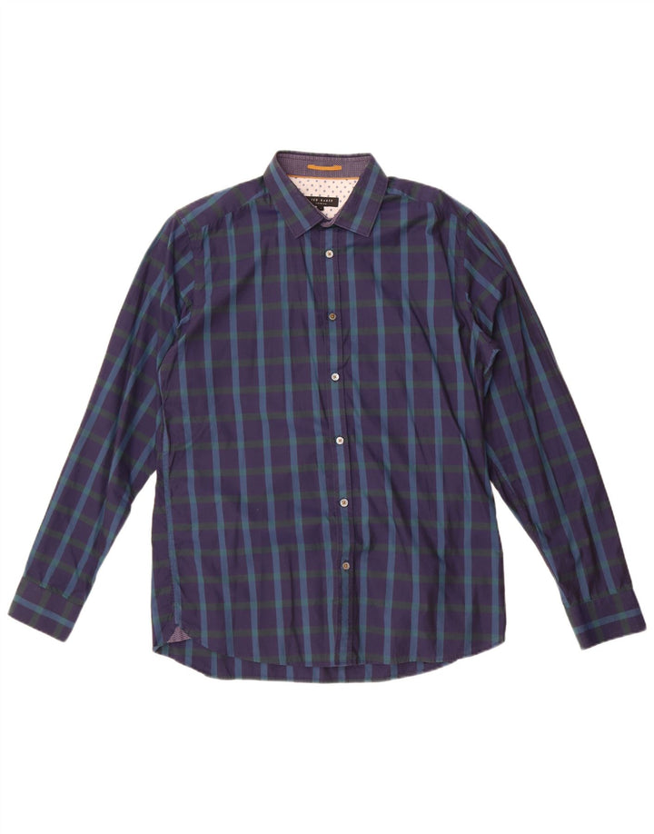 Camisa masculina Ted Baker tamanho 4 grande algodão xadrez azul marinho