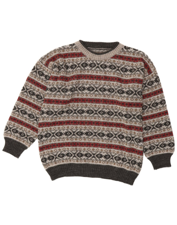 Suéter feminino vintage com gola redonda UK 16 grande cinza Fair Isle