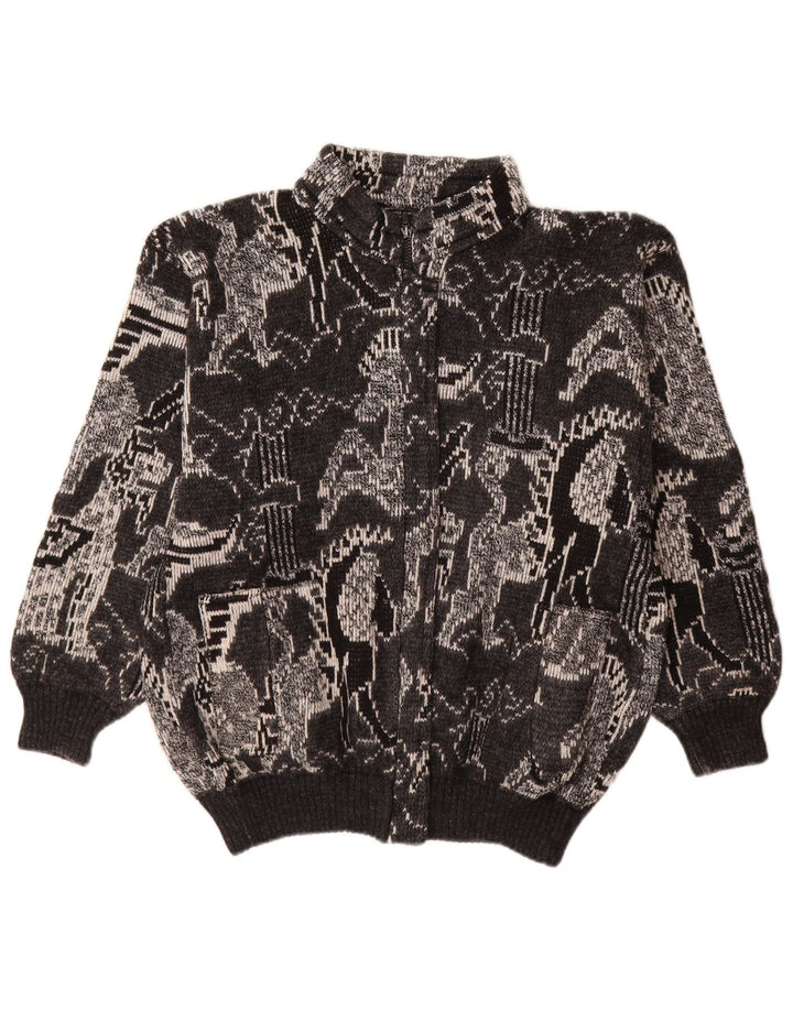 Suéter cardigã feminino vintage Reino Unido 18 XL lã geométrica preta