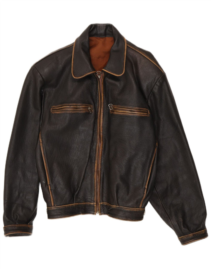 Jaqueta de couro bomber vintage masculina solta ajuste Reino Unido 38 couro preto médio