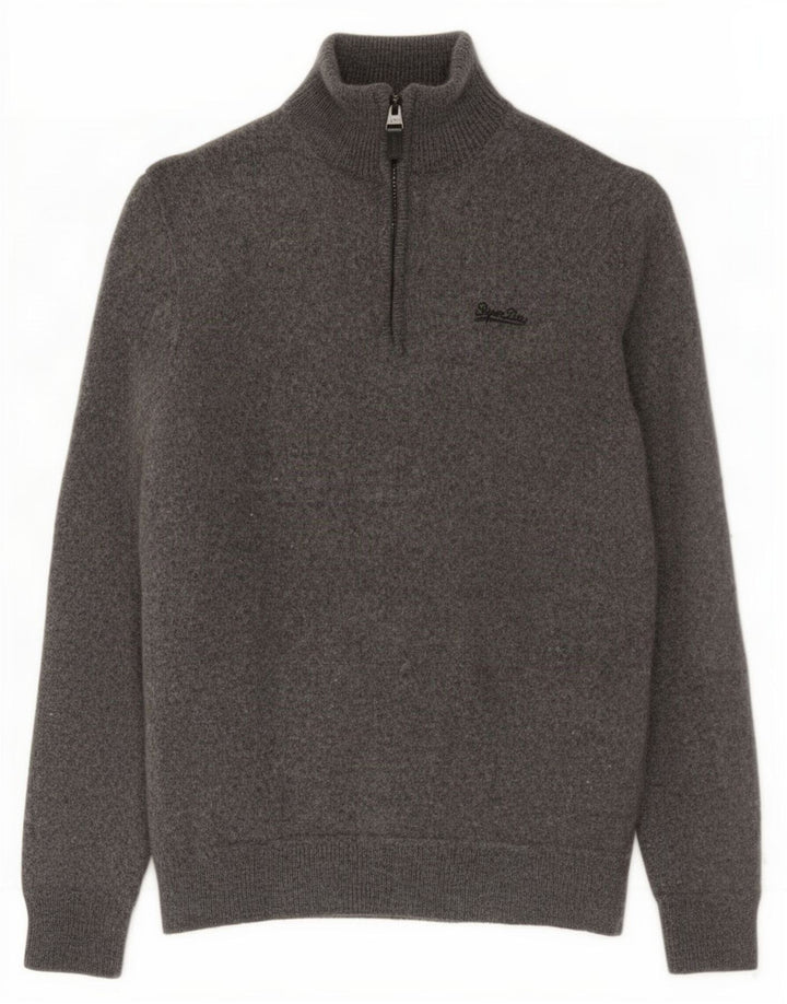 Suéter feminino Superdry com gola e zíper UK 12 lã cinza médio