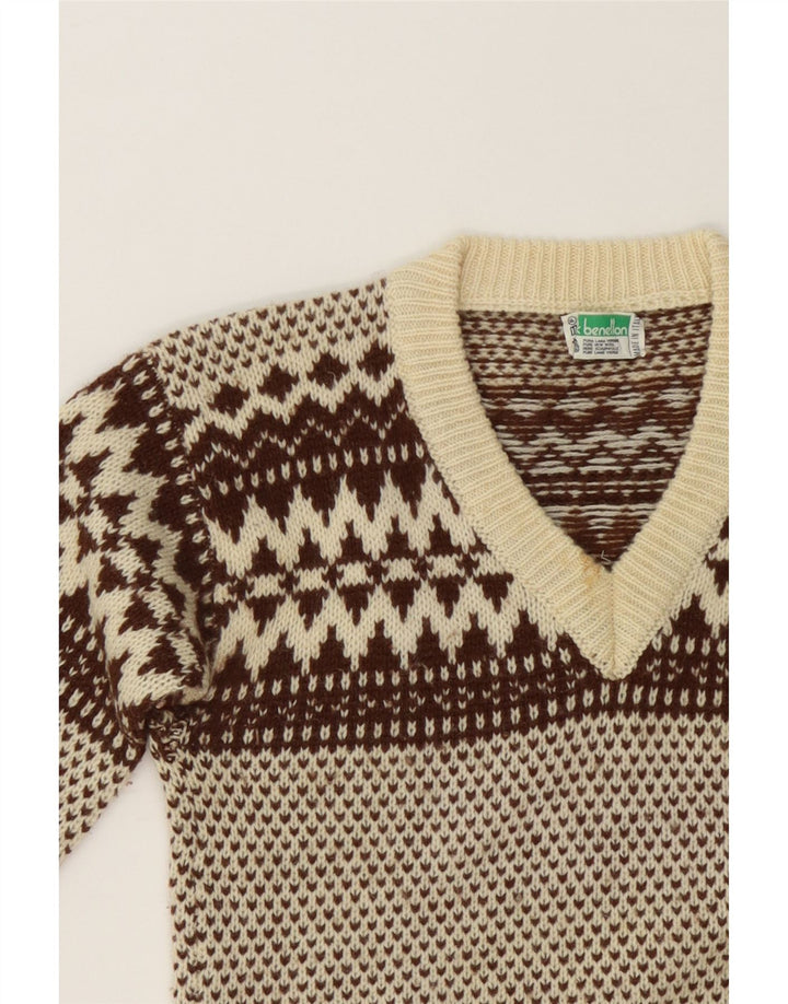 BENETTON Womens V-Neck Jumper Sweater IT 46 Large Beige Fair Isle Wool Vintage Benetton and Second-Hand Benetton from Messina Hembry 