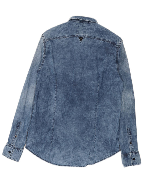Camisa jeans masculina Guess Acid Wash Regular Fit algodão azul médio