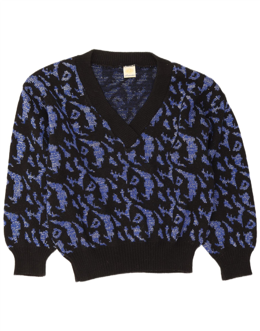 Suéter feminino vintage com estampa abstrata e decote em V Reino Unido 16 grande azul marinho